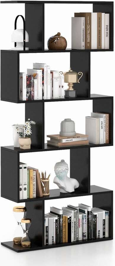 Costway Boekenkast rek met 5 niveaus staand rek van hout kantoorplank opbergplank ruimteverdeler rek voor woonkamer slaapkamer kantoor 70 x 23 5 x 158 cm (zwart)