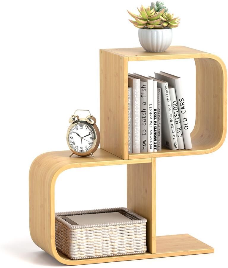 Costway Boekenkast S-vormig staand rek van bamboe met 2 niveaus kantoorrek decoratief rek voor woonkamer werkkamer thuiskantoor natuur 61 x 23 x 66 5 cm