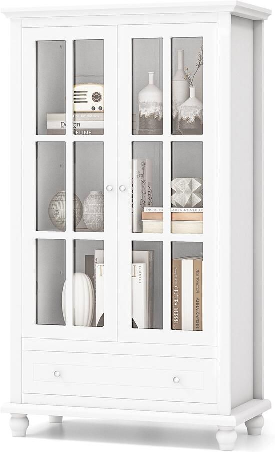 Costway Boekenkast vitrinekast met deuren van gehard glas verstelbare plank en lade bureaukast archiefkast voor thuiskantoor en woonkamer 80 x 40 x 139 cm wit