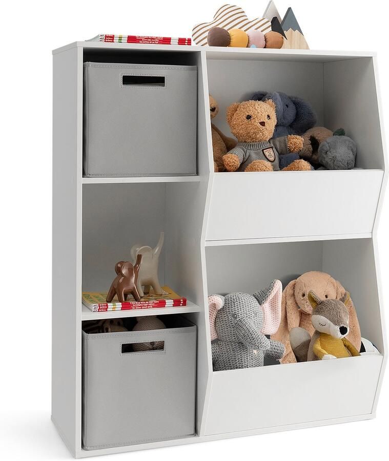 Costway Boekenkast voor kinderen 3 verdiepingen tellend kinderrek met 2 dozen en 5 vakken houten opbergrek voor kinderkamer slaapkamer 77 x 29 x 94 cm (wit + grijs 5 vakken)