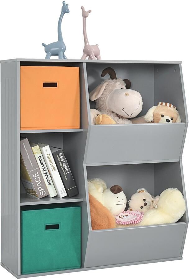 Costway Boekenkast voor kinderen 3 verdiepingen tellend kinderrek met 2 dozen en 5 vakken speelgoedrek opbergrek van hout voor kinderkamer slaapkamer 76 x 28 x 94 cm (grijs 5 vakken)