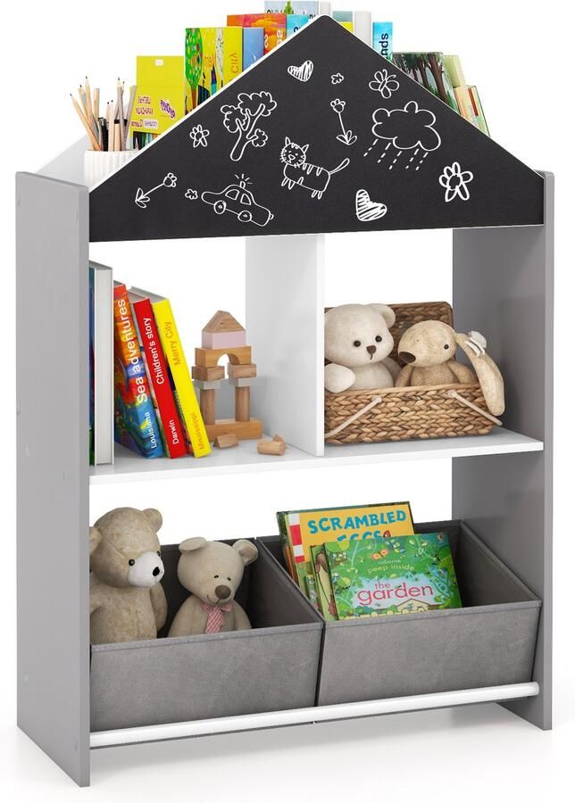 Costway Boekenkast voor kinderen kinderrek met bord en 2 boxen & 6 vakken kinderkamerrek opbergrek speelgoedrek voor speelkamer slaapkamer 63 x 27 x 90 cm