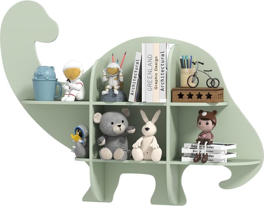 Costway Boekenkast voor kinderen wandrek van hout met 2 planken en 6 open vakken wandgemonteerd dinosaurus-kinderrek voor kinderkamer speelkamer kleuterschool