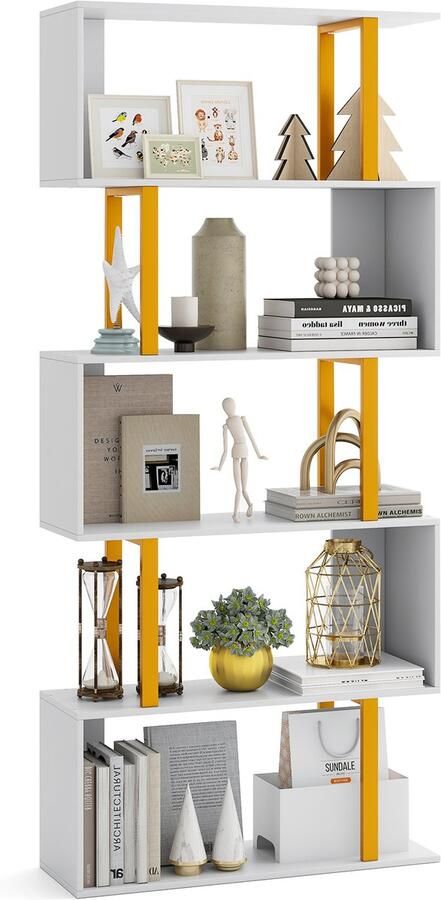 Costway Boekenkast wit staand rek met 5 niveaus S-vormig vrijstaand opbergkast ruimteverdeler voor woonkamer werkkamer kantoor 70 x 24 x 157 cm 120 kg belastbaar