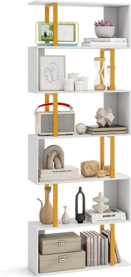 Costway Boekenkast wit staand rek met 6 niveaus S-vormig vrijstaand opbergkast ruimteverdeler voor woonkamer werkkamer kantoor 70 x 24 x 189 cm 140 kg belastbaar