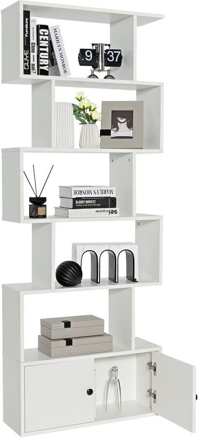 Costway Boekenplank met kast 6-Laags S-vormige Boekenkast met Deuren Vrijstaande Houten Decoratieve Opbergplanken voor Woonkamer Slaapkamer Thuiskantoor (Wit)