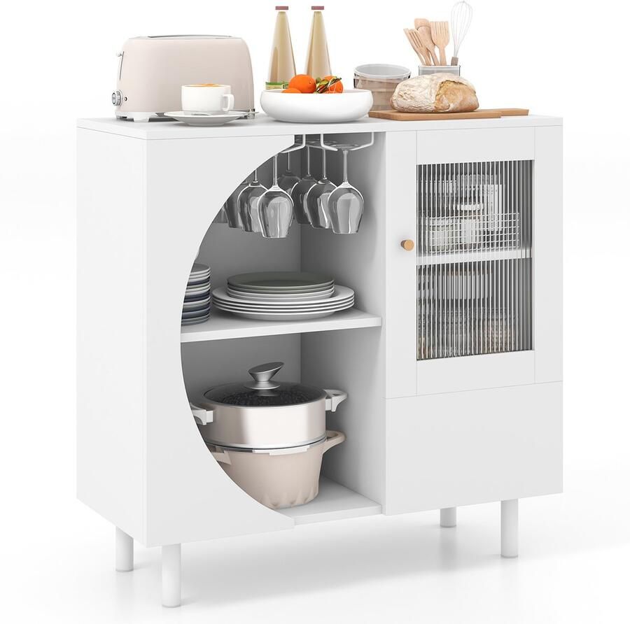 Costway Buffetkast met 3 deuren open rek wijnglashouder voor 6-8 glazen en metalen poten dressoir keukenkast hout buffet voor eetkamer keuken woonkamer 80 x 30 x 80 cm