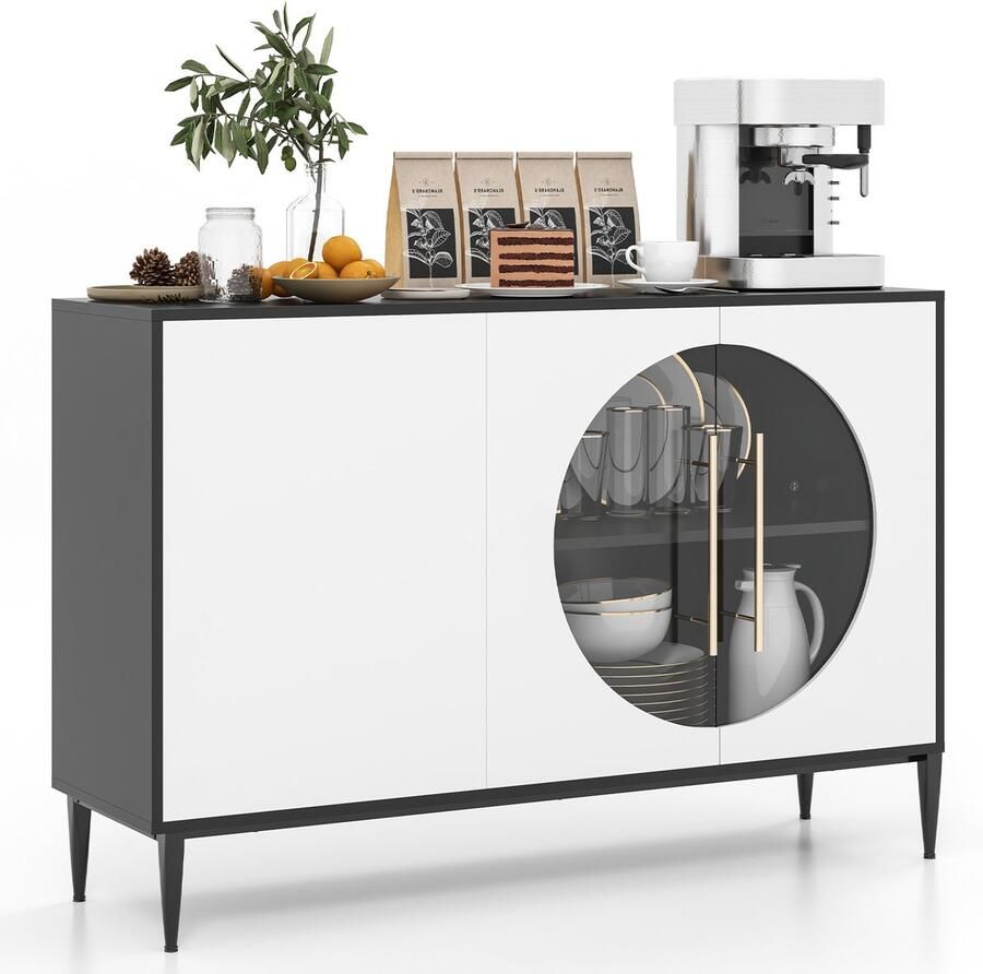 Costway Buffetkast met glazen deuren en metalen poten dressoir wit + zwart keukenkast hout buffet eetcommode voor eetkamer keuken woonkamer 120 x 35 x 80 cm