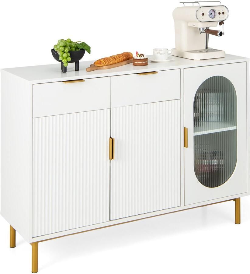 Costway Buffetkast met glazen deuren sideboard met 2 laden en metalen poten keukenkast hout hoogglans voor eetkamer keuken woonkamer 120 x 40 x 88 cm wit + goud