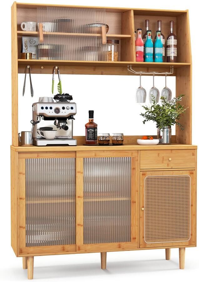 Costway Buffetkast met opzetstuk keukenkast bamboe keukenbuffet met schuifdeur & rotan deur & haak & glashouder & lade voorraadkast vitrinekast landelijke stijl natuur