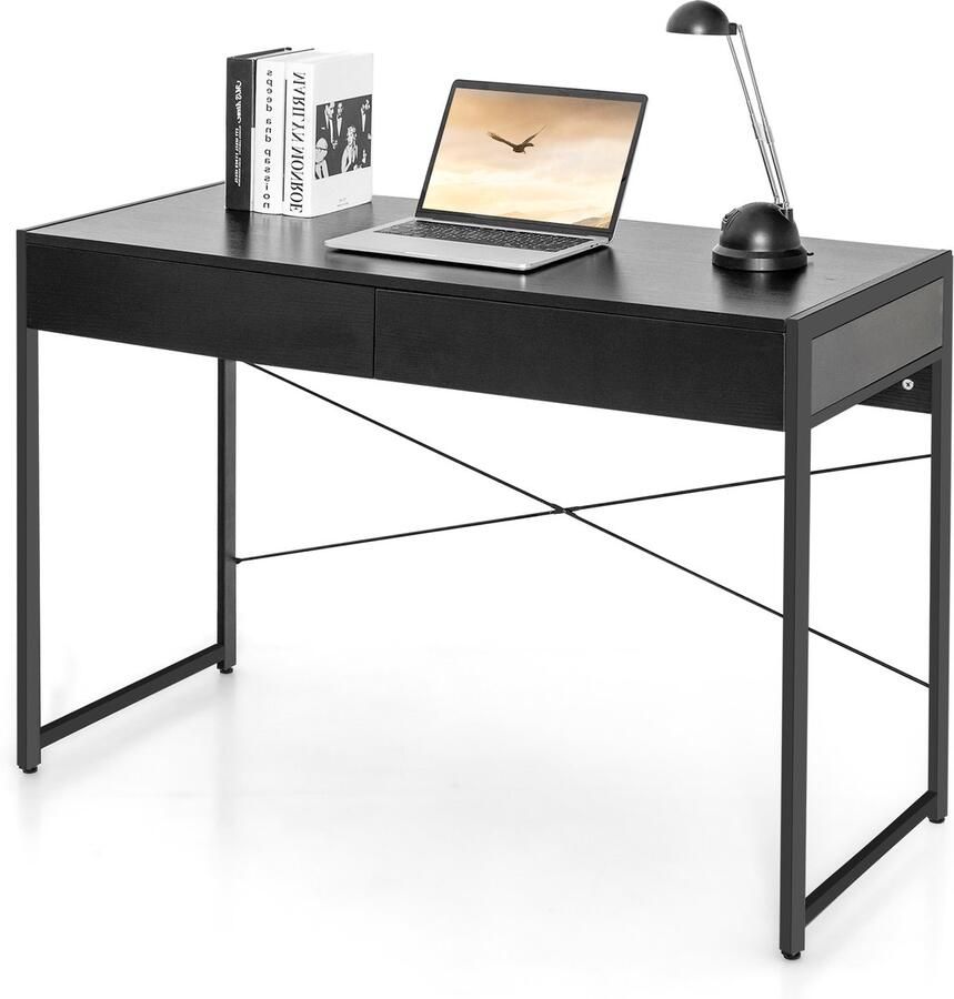 Costway Bureau computertafel met 2 laden klein bureau metaal industrieel design pc-tafel voor werkkamer thuiskantoor kantoor 112 x 48 x 76 cm (zwart)