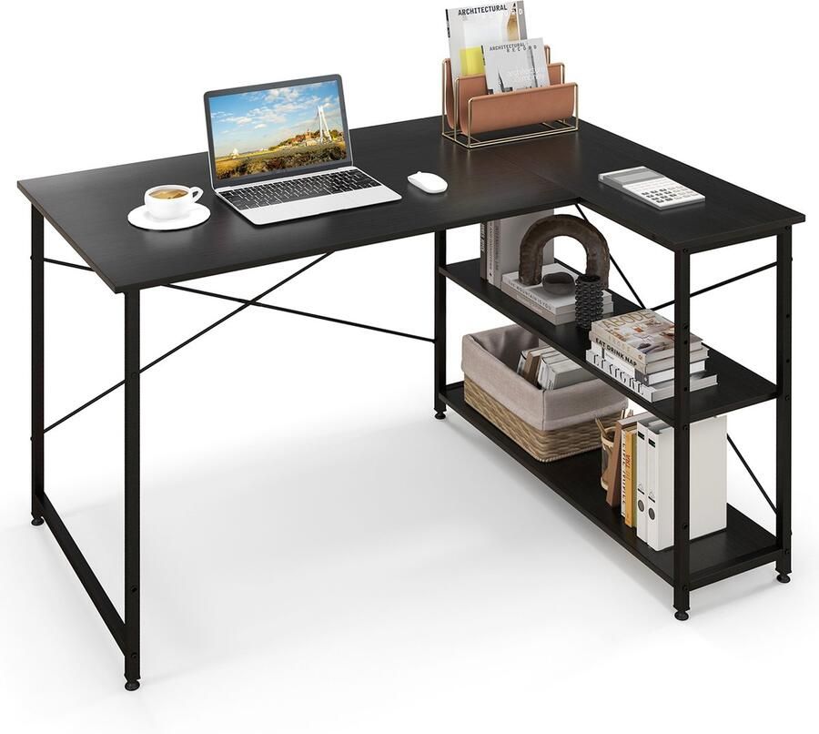 Costway Bureau L-vorm computertafel met plank rechts of links hoekbureau met opbergvakken hoektafel bureautafel voor thuiskantoor kleine ruimtes 120 x 88 x 74 5 cm (zwart)