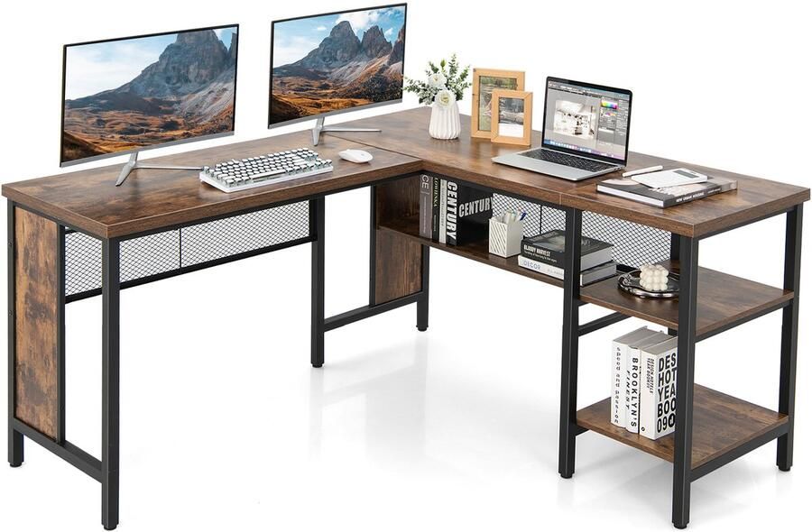 Costway Bureau L-vorm hoekbureau met plank in volledige lengte en 2-traps zijplanken hoektafel computertafel bureautafel voor thuiskantoor 150 x 140 x 75 cm