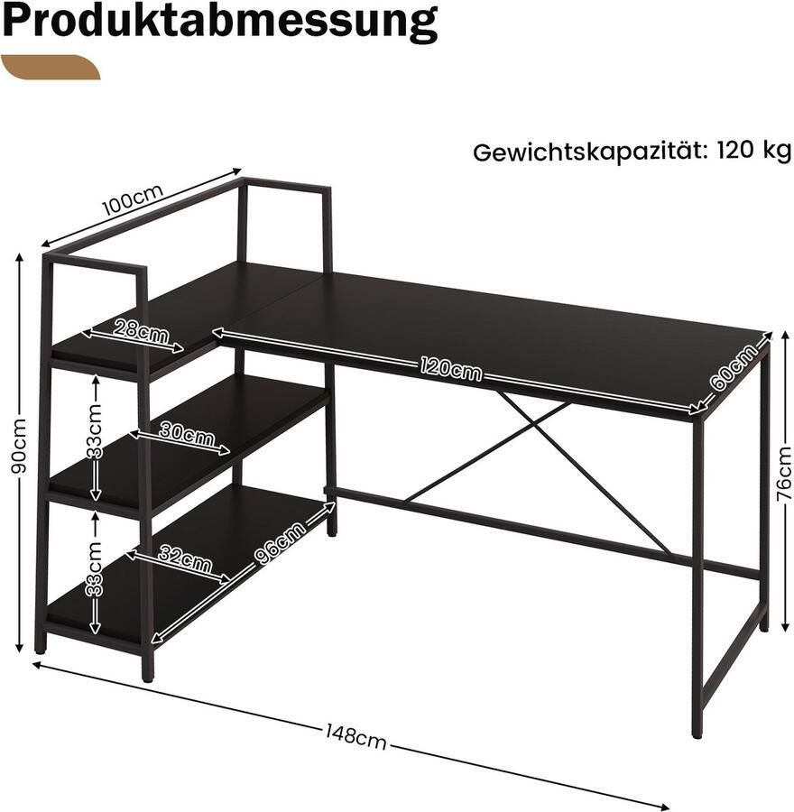 Costway Bureau met planken computertafel L-vormig hoekbureau pc-tafel hout werktafel metalen frame voor thuiskantoor werkkamer 148 x 100 x 90 cm
