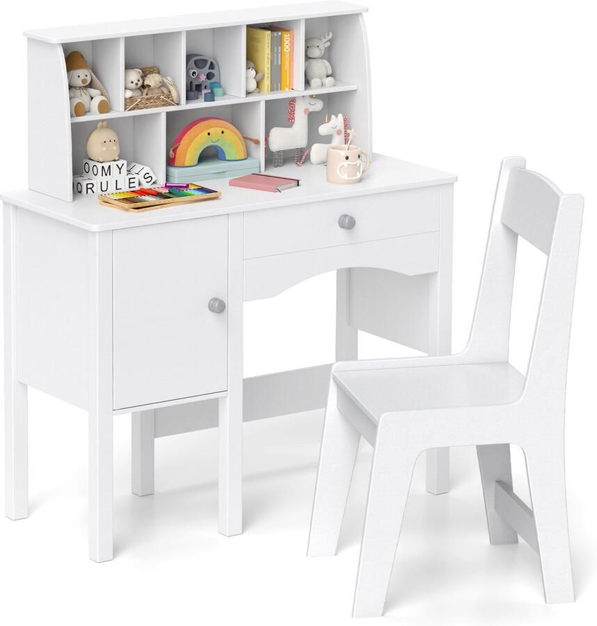 Costway Bureau voor kinderen met stoel kinderbureau met lade kast en plank jeugdbureau van hout studentenbureau kinderkamer voor kinderen vanaf 3 jaar 79 x 34 x 91 cm wit