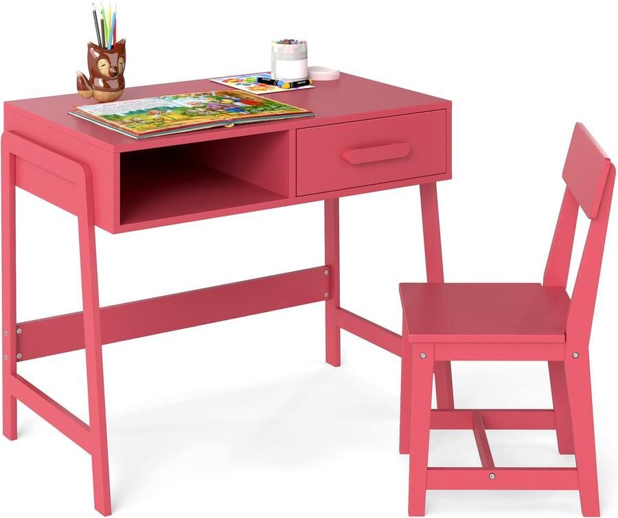 Costway Bureau voor kinderen met stoel kinderbureauset van hout jeugdbureau met lade en plank schoolbureau voor kinderen vanaf 3 jaar 85 x 46 x 70 cm (roze)