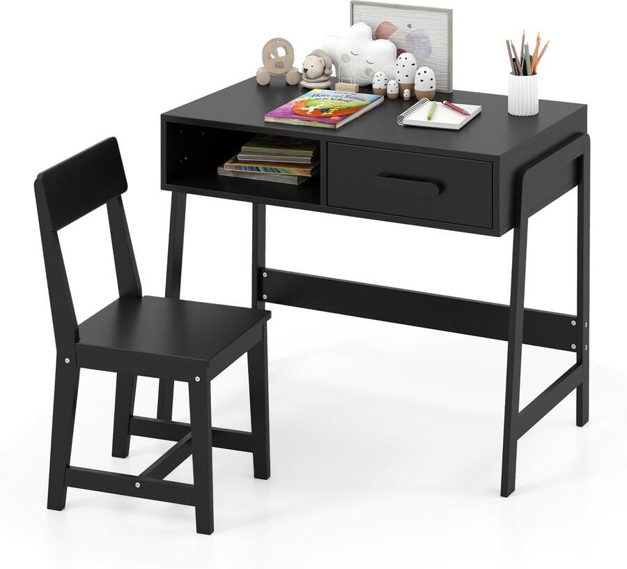 Costway Bureau voor kinderen met stoel kinderbureauset van hout jeugdbureau met lade en plank schoolbureau voor kinderen vanaf 3 jaar 85 x 46 x 70 cm (zwart)