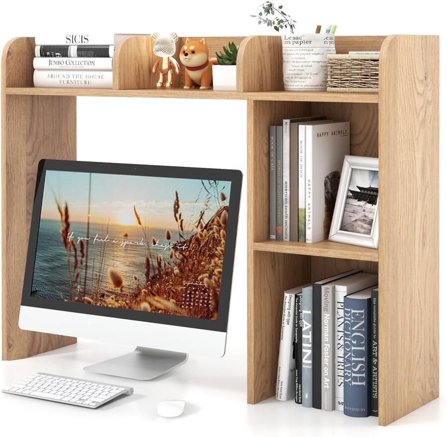 Costway Bureaurek tafelrek met 4 planken en open vak opbergsysteem multifunctionele tafelorganizer voor bureau 94 x 25 x 74 cm naturel