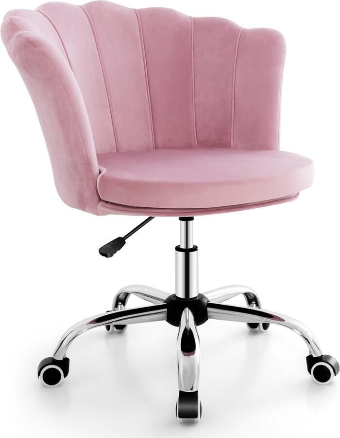 Costway Bureaustoel van fluweel draaistoel met wieltjes in hoogte verstelbare make-upstoel bureaustoel computerstoel fluwelen stoel voor slaapkamer werkkamer (roze) 69 x 64 x 74–82 cm