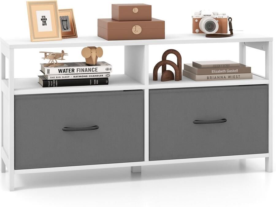Costway Commode met 2 laden opbergkast met open planken en inklapbare stoffen laden tv-kast voor televisie tot 45 inch van hout voor woonkamer slaapkamer 100 x 30 x 53 cm