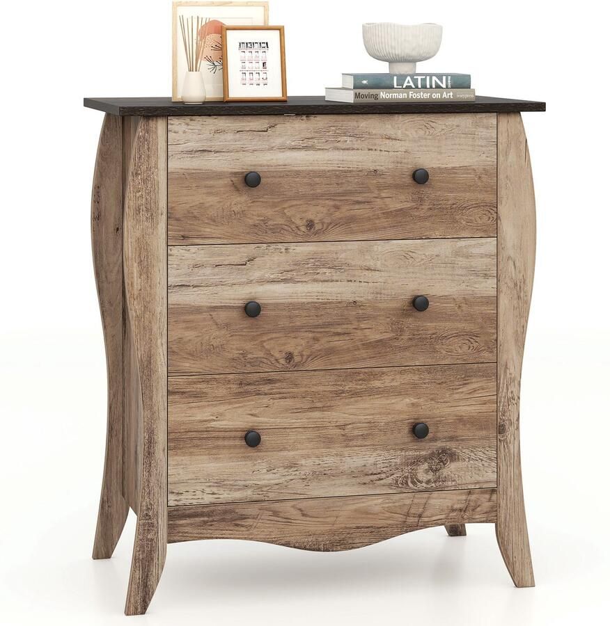 Costway Commode met 3 laden dressoir in landelijke stijl met inklapbare stoffen laden opbergkast van hout ladekast voor woonkamer slaapkamer