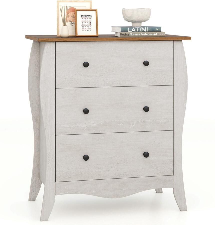 Costway Commode met 3 laden dressoir in landelijke stijl met inklapbare stoffen laden opbergkast van hout ladekast voor woonkamer slaapkamer