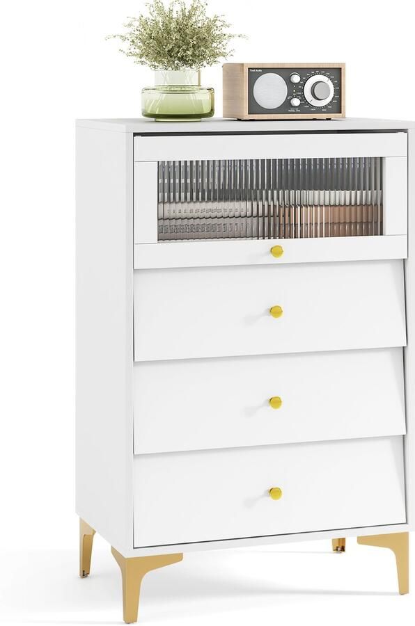 Costway Commode met 3 laden dressoir met opklapbare glazen deur opbergkast van hout met metalen poten en kantelbeveiliging bijzetkast voor slaapkamer entree hal (wit)