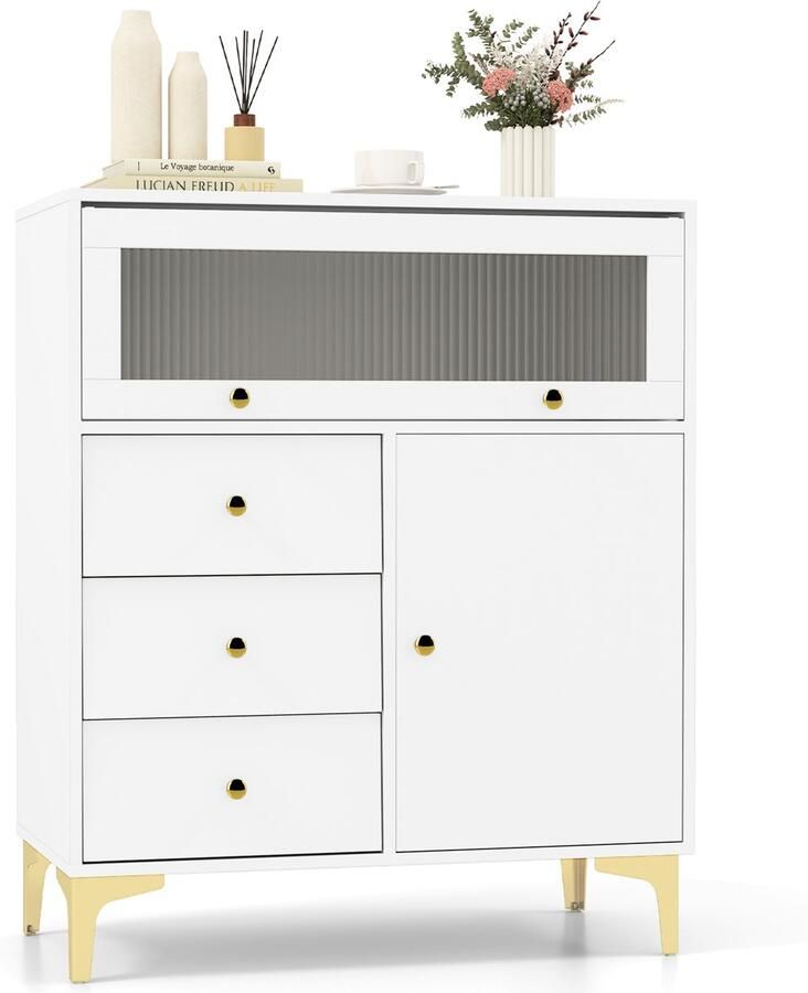 Costway Commode met 3 laden en 2 deuren dressoir met opklapbare glazen deur en verstelbare plank opbergkast van hout bijzetkast voor slaapkamer entree hal wit