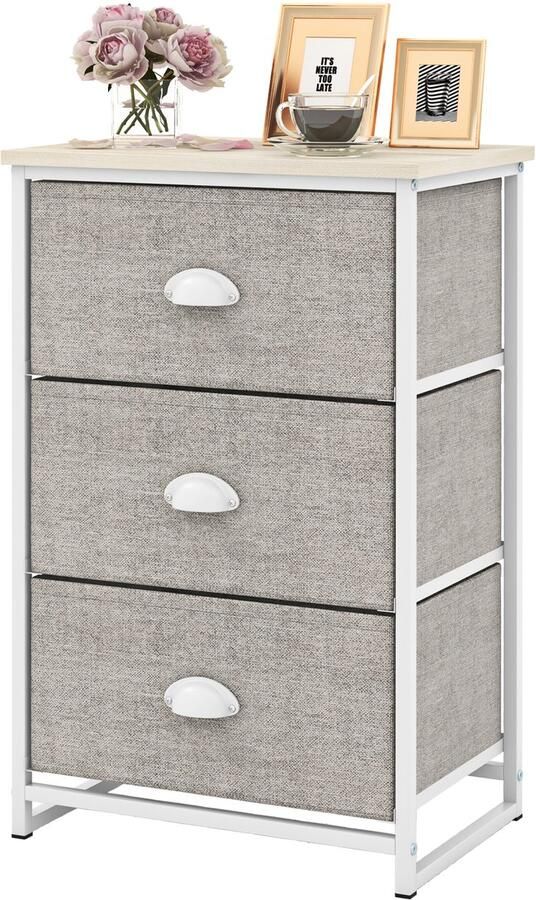 Costway Commode met 3 laden stoffen commode met metalen frame en tafelblad opbergcommode voor slaapkamer woonkamer 45 x 30 x 73 cm