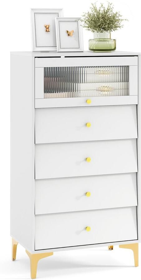 Costway Commode met 4 laden dressoir met opklapbare glazen deur opbergkast van hout met metalen poten en kantelbeveiliging bijzetkast voor slaapkamer entree hal (wit)