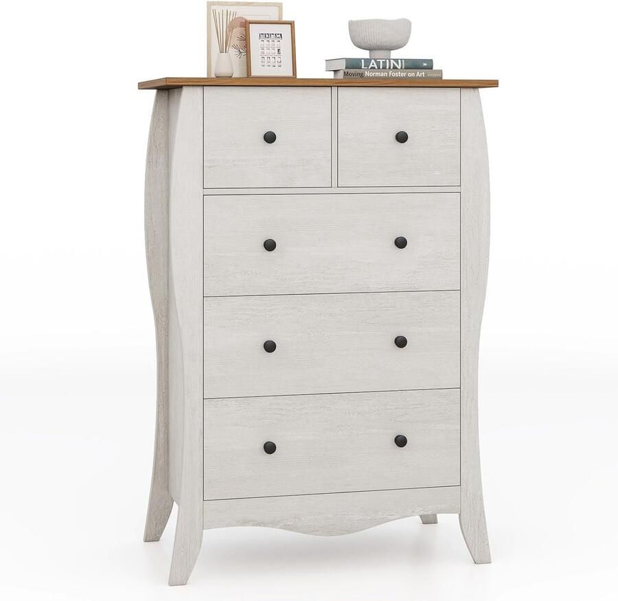 Costway Commode met 5 laden dressoir in landelijke stijl met inklapbare stoffen laden opbergkast van hout ladekast voor woonkamer slaapkamer