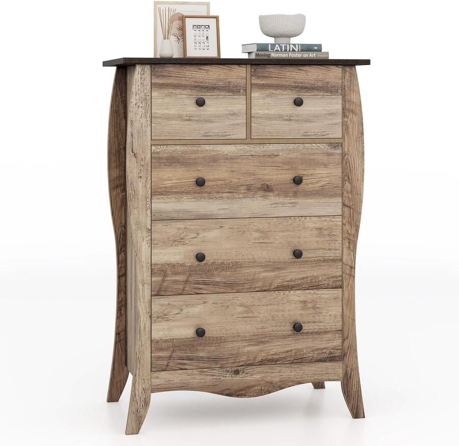 Costway Commode met 5 laden dressoir in landelijke stijl met inklapbare stoffen laden opbergkast van hout ladekast voor woonkamer slaapkamer