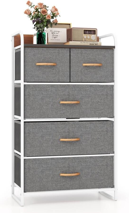 Costway Commode met 5 stoffen laden ladekast met metalen frame en houten oppervlak opbergkast bijzetkast voor hal en woonkamer 58 x 30 x 100 cm