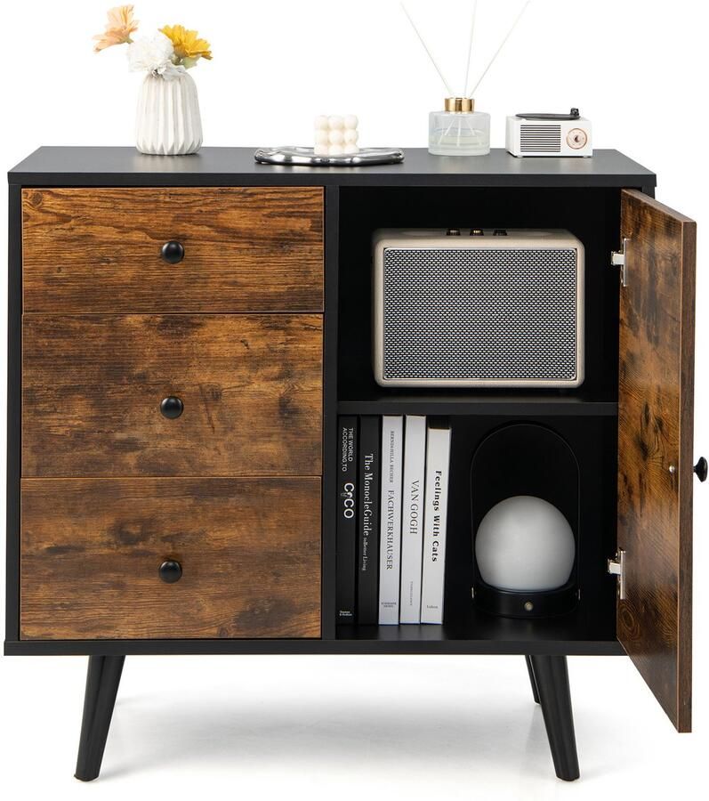 Costway Commode met deur en 3 laden dressoir met verstelbaar rek en kantelbeveiliging vrijstaande keukenkast voor woonkamer keuken kantoor werkkamer