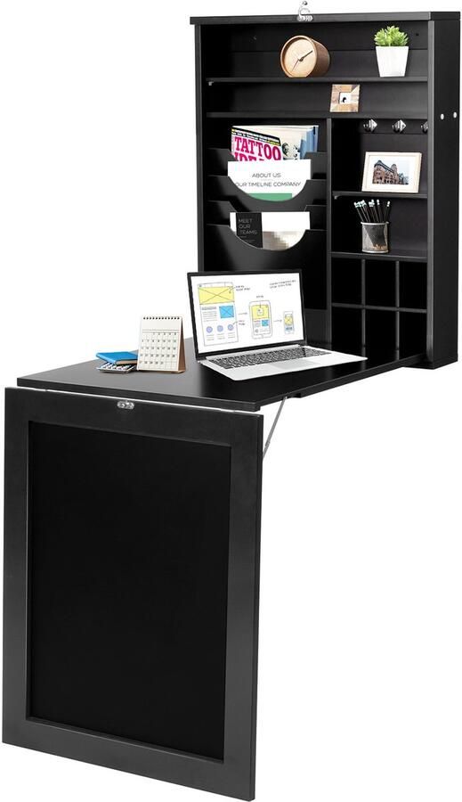 Costway Compacte uitklapbare muurgemonteerde tafel converteerbare schrijftafel met grote opbergruimte krijtbord verstelbare plank multi-functie computer bureau voor thuis en kantoor gebruik