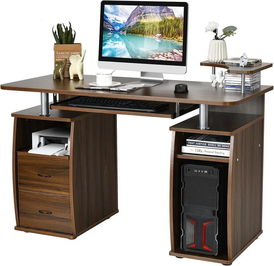 Costway Computertafel computer bureau met toetsenbordlade laden printerplank kantoortafel werktafel PC-tafel 120 x 55 x 85 cm