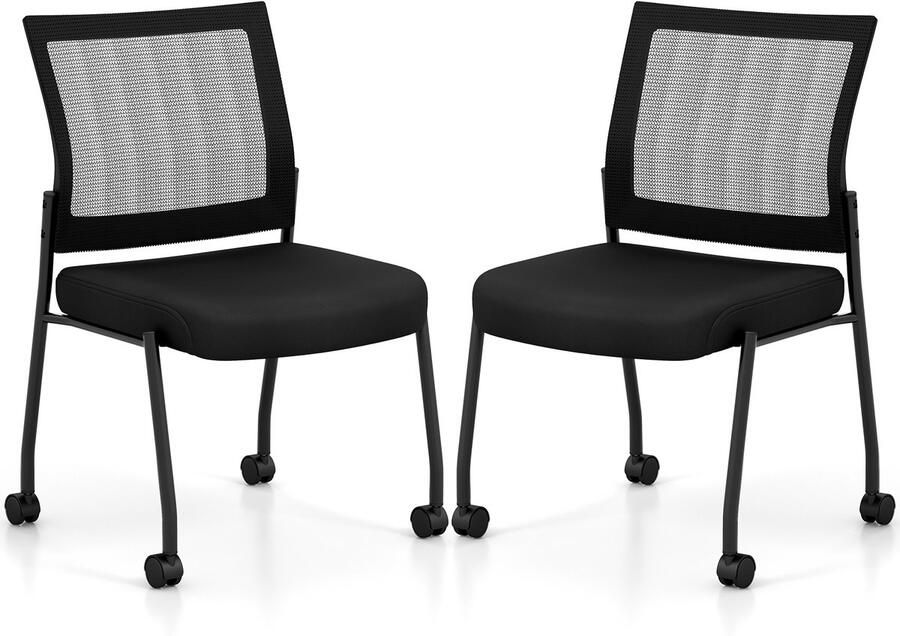 Costway Conferentiestoelen set van 2 stapelbare bezoekersstoelen met wieltjes netrug en gevoerde zitting armloze stapelstoelen voor kantoor conferentie zwart