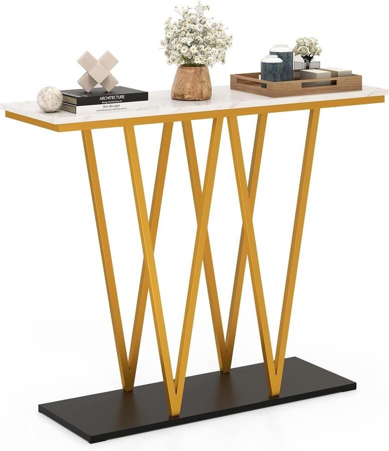 Costway Consoletafel 100 cm haltafel marmerlook bijzettafel goudkleurig metalen frame voor woonkamer entree hal modern