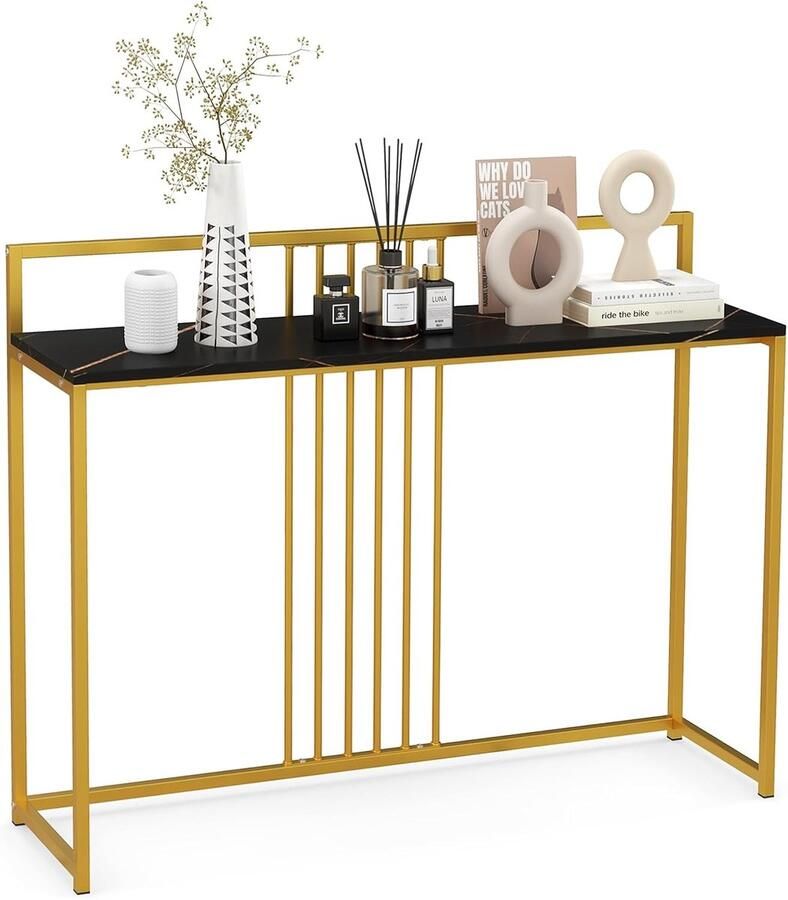 Costway Consoletafel bijzettafel goudkleurig haltafel marmerlook smal goudkleurig metalen frame 120 x 32 5 x 88 cm