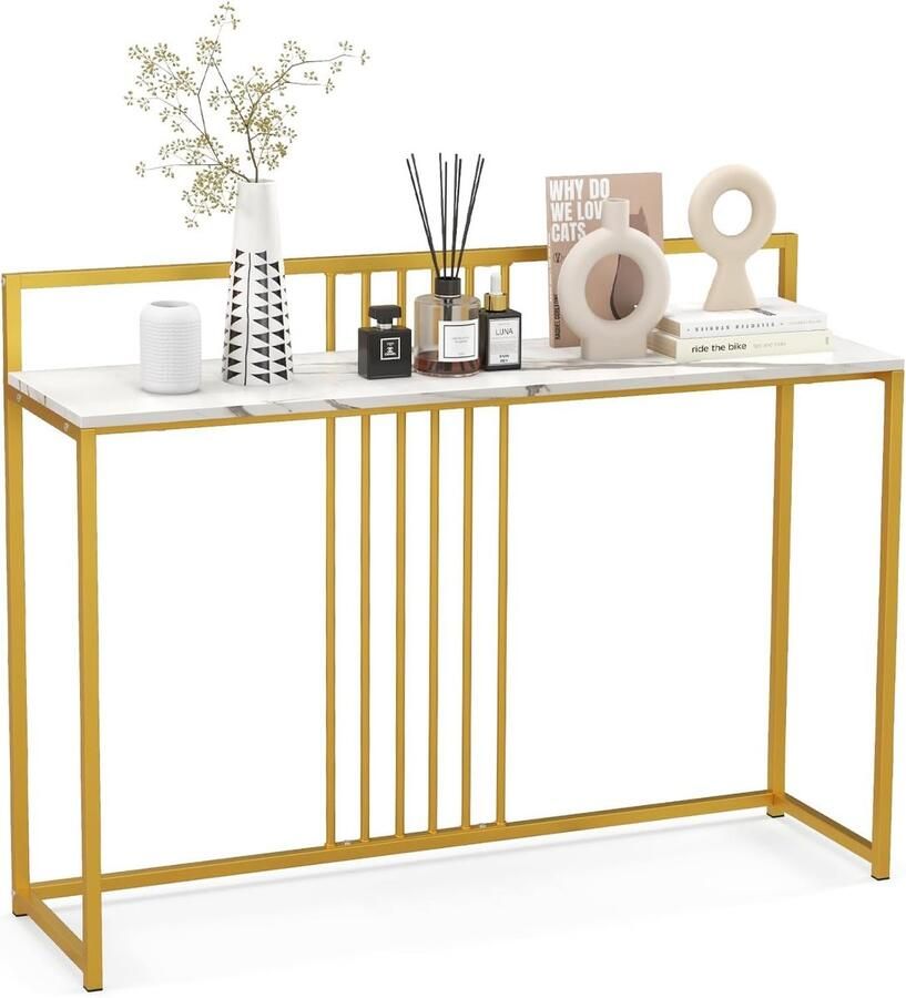 Costway Consoletafel bijzettafel goudkleurig haltafel met marmerlook smal goudkleurig metalen frame 120 x 32 5 x 88 cm