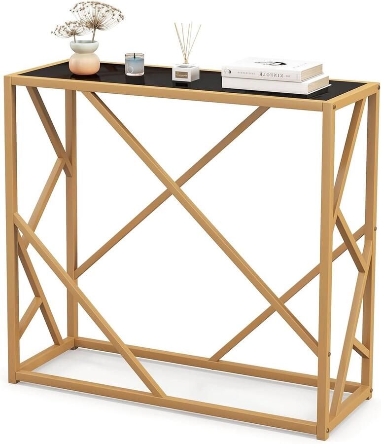 Costway Consoletafel haltafel met gehard glas en goudkleurig metalen frame smal console bijzettafel voor woonkamer hal slaapkamer 80 x 30 x 75 cm