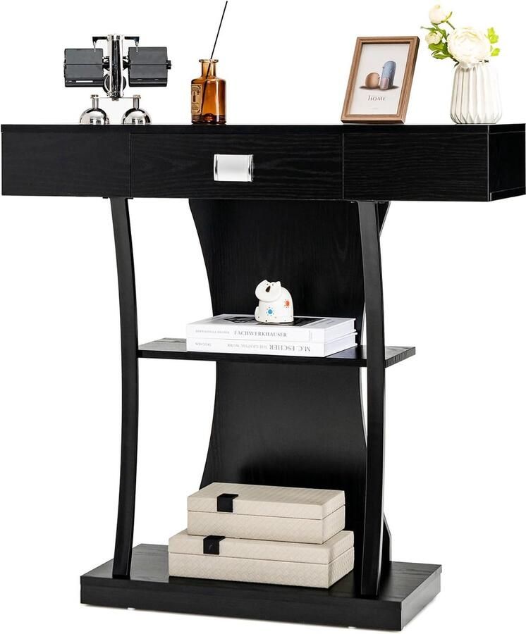 Costway Consoletafel hout met schuifladen metalen frame en 2 planken haltafel smal bijzettafel met kantelbeveiliging voor entree en woonkamer