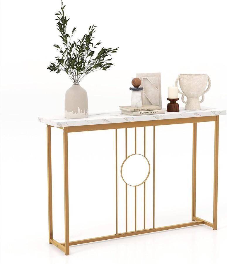 Costway Consoletafel marmerlook bijzettafel smal met metalen frame en verstelbare voetkussens gangtafel sofatafel modern voor woonkamer ingang 120 x 30 x 80 5 cm