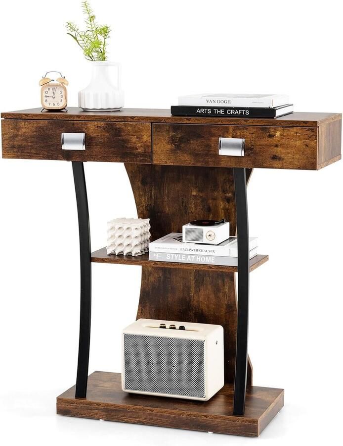 Costway Consoletafel met 2 schuifladen entreetafel van hout met 2 planken en metalen frame smalle bijzettafel industrieel voor ingang woonkamer 91 x 30 x 87 cm