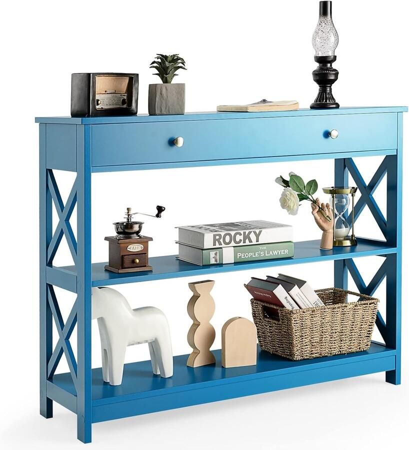 Costway Consoletafel met 3 niveaus met lade en 2 planken van hout bijzettafel met X-vormige poten voor entree woonkamer slaapkamer 100 x 30 x 80 cm 95 kg belastbaar