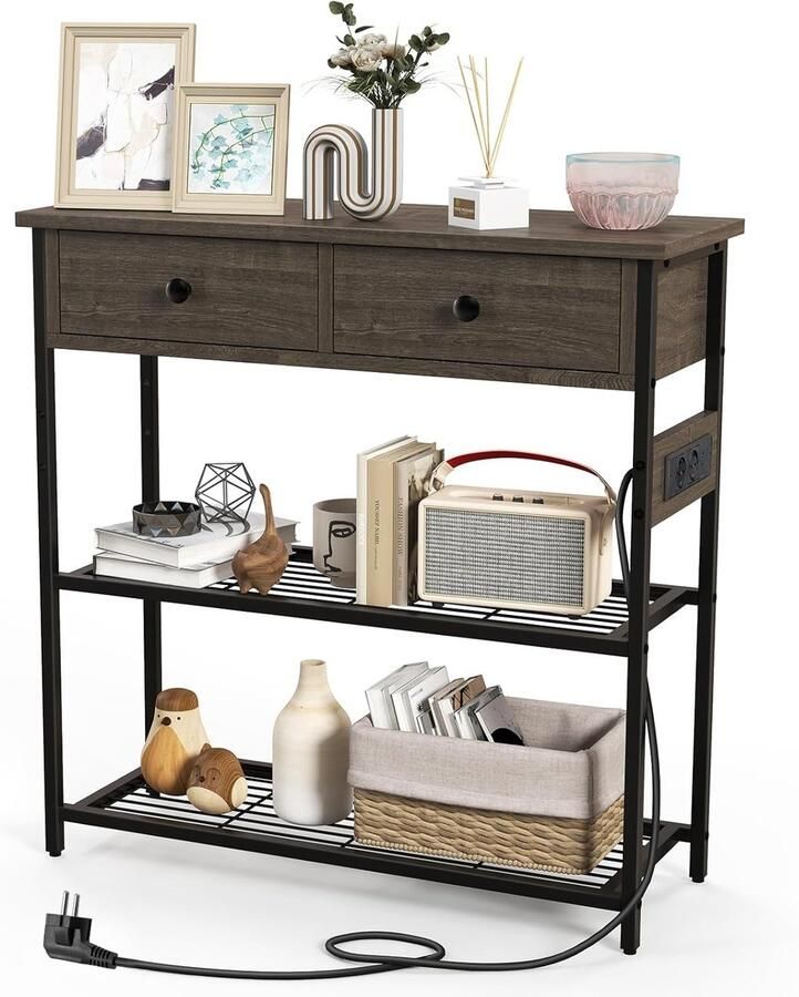 Costway Consoletafel met laadstation haltafel met 2 laden en 2 metalen roosterplanken met stopcontacten en USB & TypeC-aansluitingen bijzettafel vintage