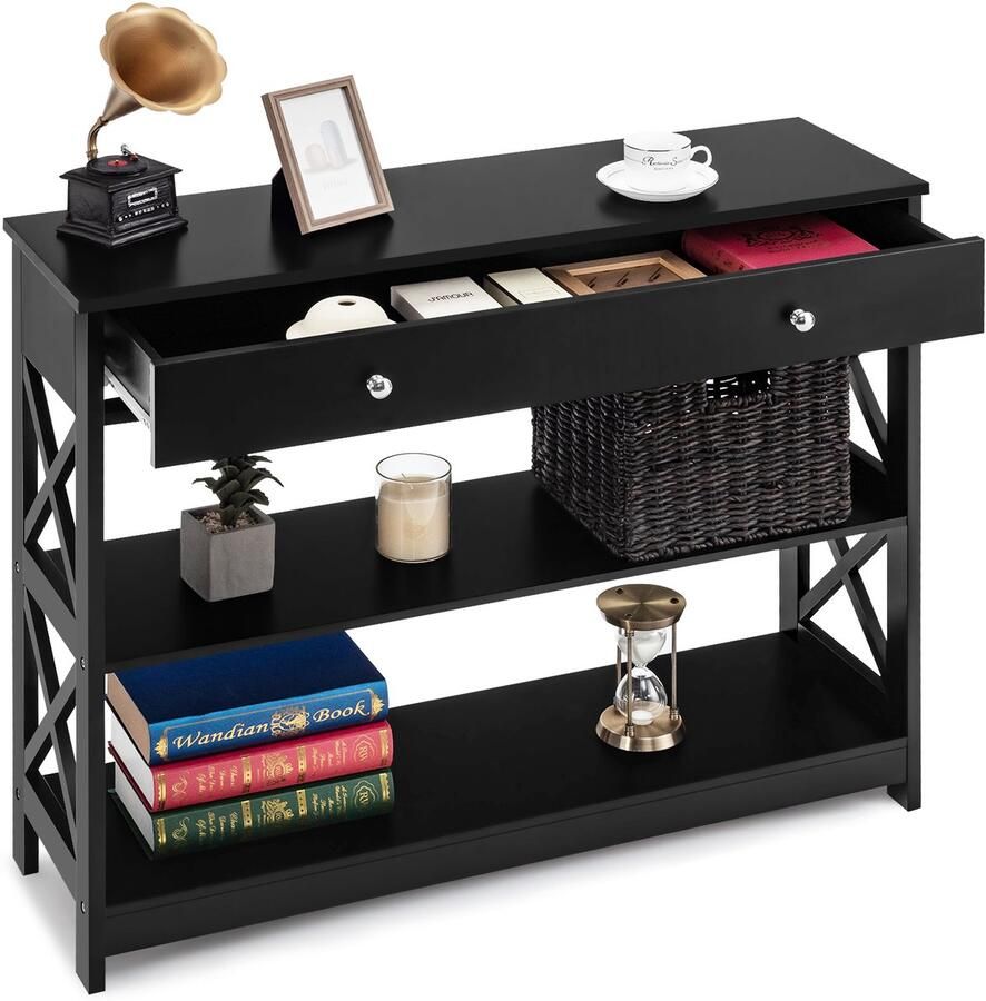 Costway Consoletafel met lade 3 niveaus bijzettafel van hout met planken gangtafel ingangstafel met kantelbeveiliging 100 x 30 x 80 cm