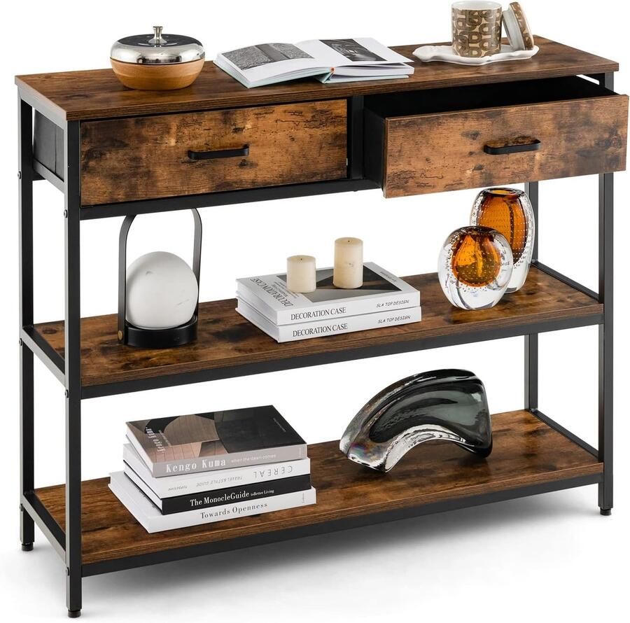 Costway Consoletafel met lade haltafel smal 3 niveaus bijzettafel met metalen frame van hout 100 x 30 x 80 cm vintage