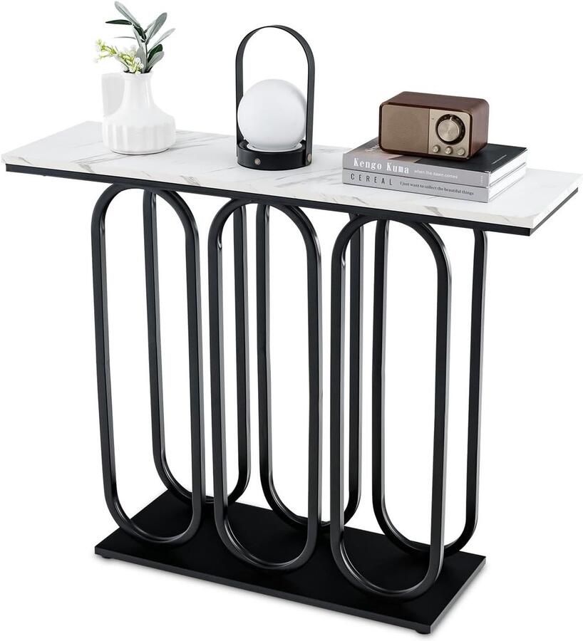 Costway Consoletafel met marmerlook smalle entreetafel met metalen frame bijzettafel voor woonkamer hal slaapkamer ingang 100 x 30 x 80 cm wit en zwart VH33457DE