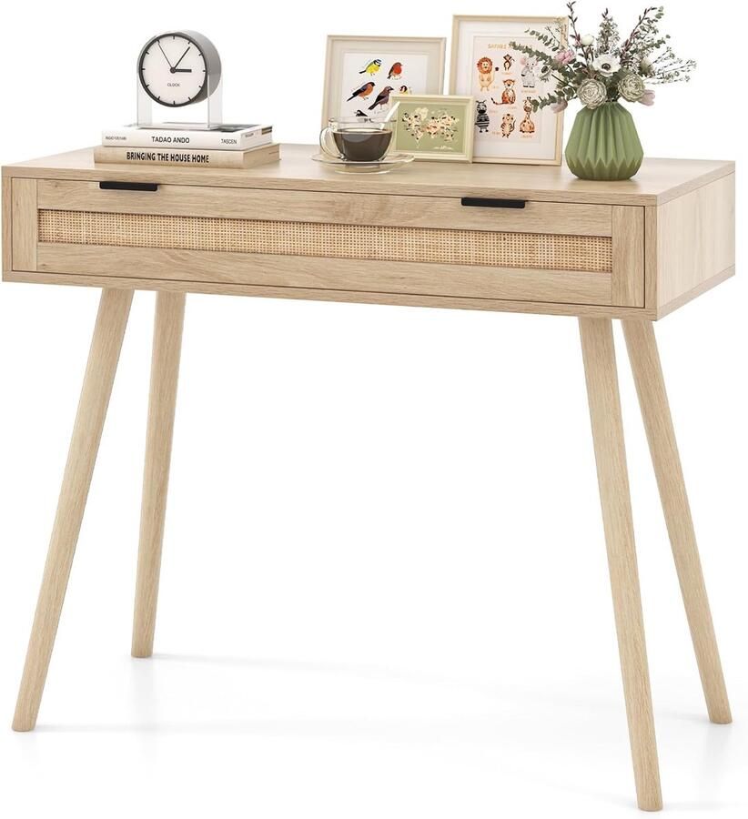 Costway Consoletafel rotan entreetafel van hout met lade gangtafel in boho-stijl bijzettafel voor hal woonkamer 88 x 40 x 77 cm naturel